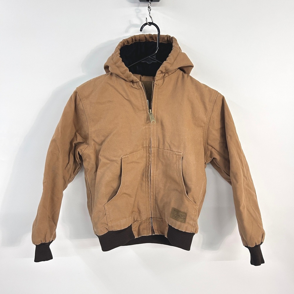 Youth Duck Canvas Hooded Work Jacket Brown Insulated Cotton Coat Medium 10-12